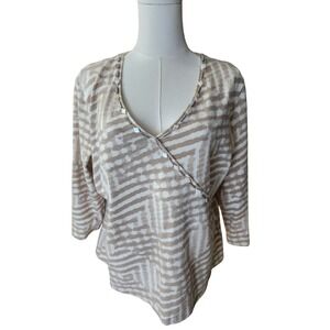 Ruby Rd Womens XL Tan White Geometric Maze Print Beaded V-Neck 3/4 Sleeve Top